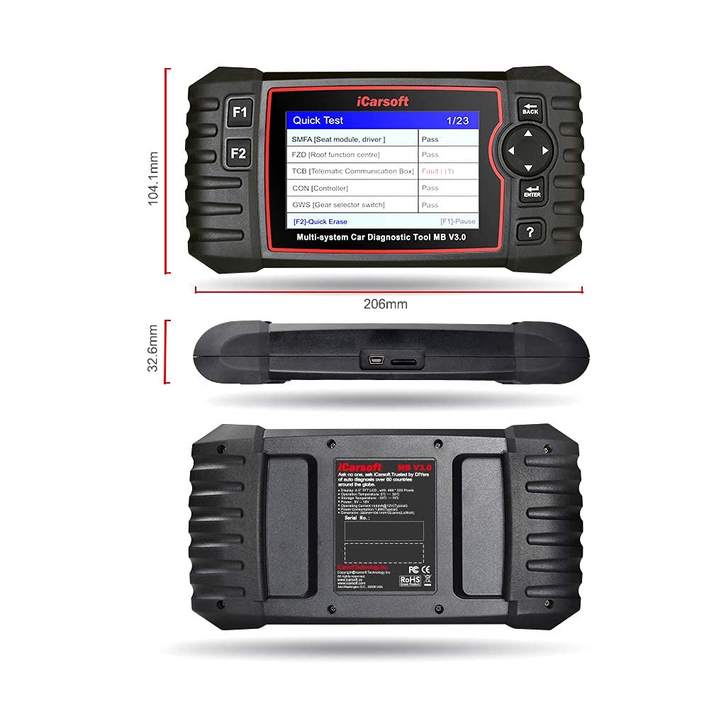 iCarsoft MB V3.0 professionelles und leistungsstarkes Universal Diagnosegerät für Mercedes/Sprinter/Smart Fahrzeuge mit 10 cm TFT- Farbbildschirm, OBDII Funktionen, CANBUS