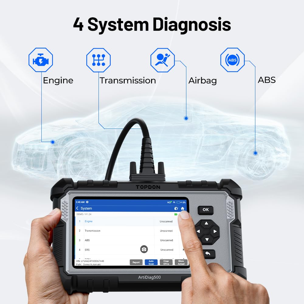 TOPDON ArtiDiag 500 OBD2 Diagnosegerät Auto,4 Systemdiagnose/6 Service Funktionen/10 OBD2 Funktionen/Auto VIN, KFZ Fehlerauslesegerät für Motor/ABS/SRS/Getriebe, lebenslang Software-Update