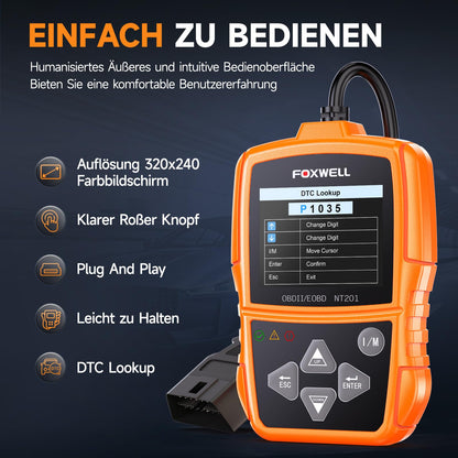FOXWELL NT201 OBD2 Diagnosegerät Auto, OBD-II/EOBD KFZ Diagnosegerät für alle Fahrzeuge, 10 OBD2 Modi, One Touch I/M Bereitschaftstaste, Auslesegerät Auto für alle Baujahr 1996