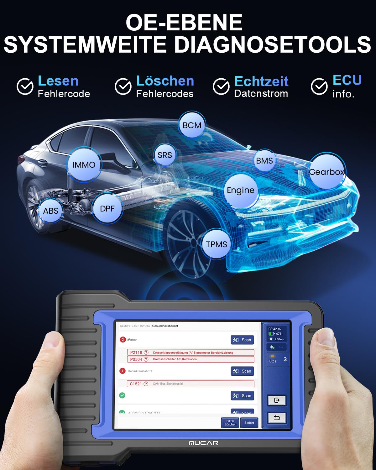 OBD2 Diagnosegerät, MUCAR VO7 Diagnosegerät Auto Mit Volle Systemdiagnose+28 Reset-Funktion, Auto Diagnosegerät Für BI-Direktionale Steuerung/Aktives Testen/ECU-Kodierung, 3 Jahre Kostenlose Updates