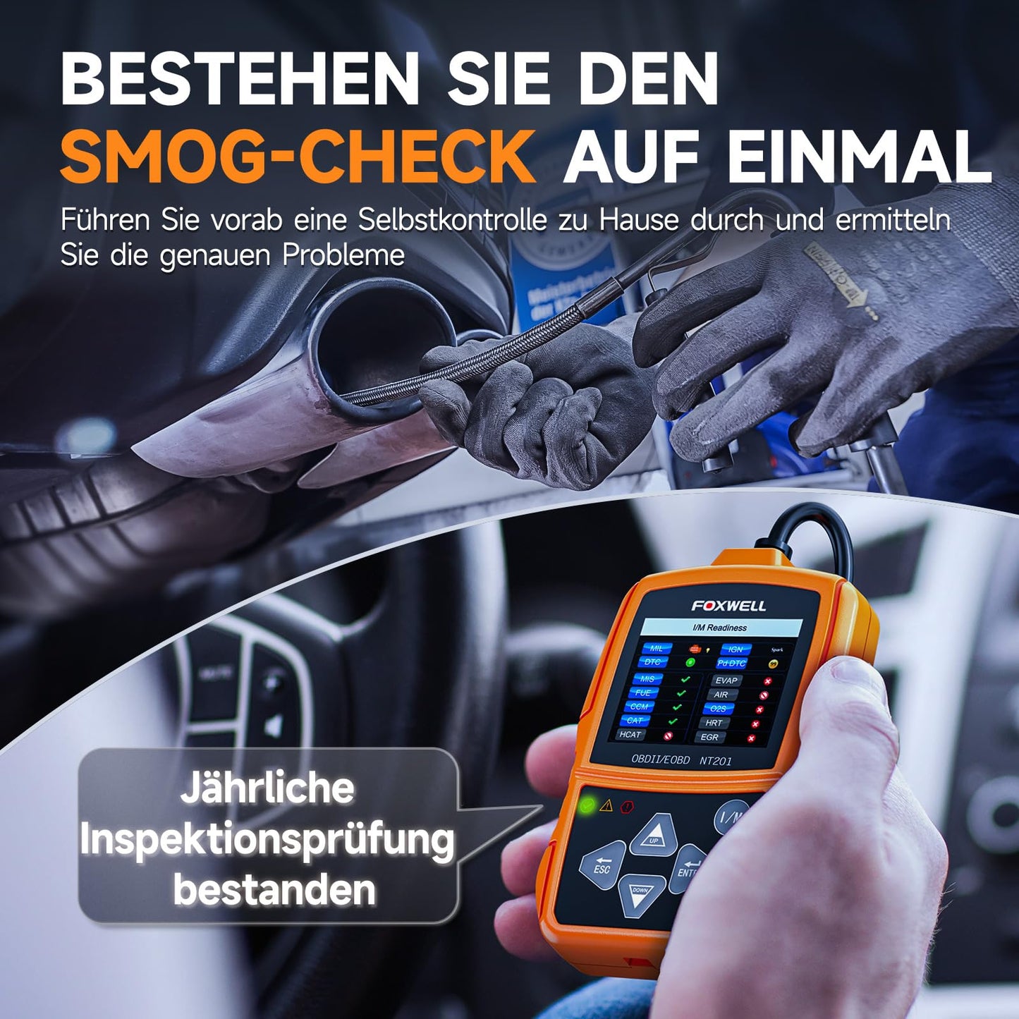 FOXWELL NT201 OBD2 Diagnosegerät Auto, OBD-II/EOBD KFZ Diagnosegerät für alle Fahrzeuge, 10 OBD2 Modi, One Touch I/M Bereitschaftstaste, Auslesegerät Auto für alle Baujahr 1996