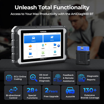 TOPDON OBD2 Diagnosegerät ArtiDiag900BT, ECU-Codierung, 28+ Services für bidirektionales Scannen Aller Systeme, mit 2 Jahren Updates, OBD2 Scanner für alle Fahrzeuge mit AutoVIN FCA