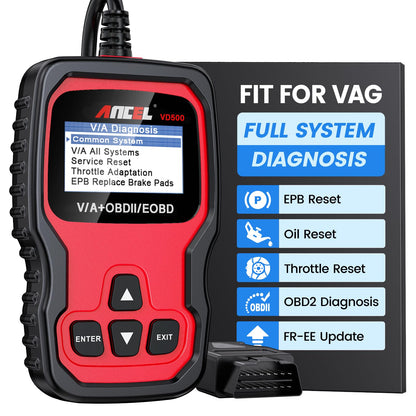 ANCEL VD500 OBD2 Diagnosegerät für VW/für Audi/für Skoda/für Seat, Fehlercodes Auslesen und Löschen Motor EPB ABS SRS OBD Öl TPS Zurücksetzen Reset Tool in Deutsch