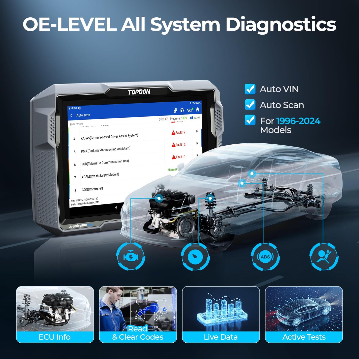 TOPDON OBD2 Diagnosegerät Bidirektionales Scan-Tool, ArtiDiag900 Lite Vollsystem-Auto diagnose mit Aktivem Test, 8 Reset-Diensten, Kabelloser OBD2-Autoscanner