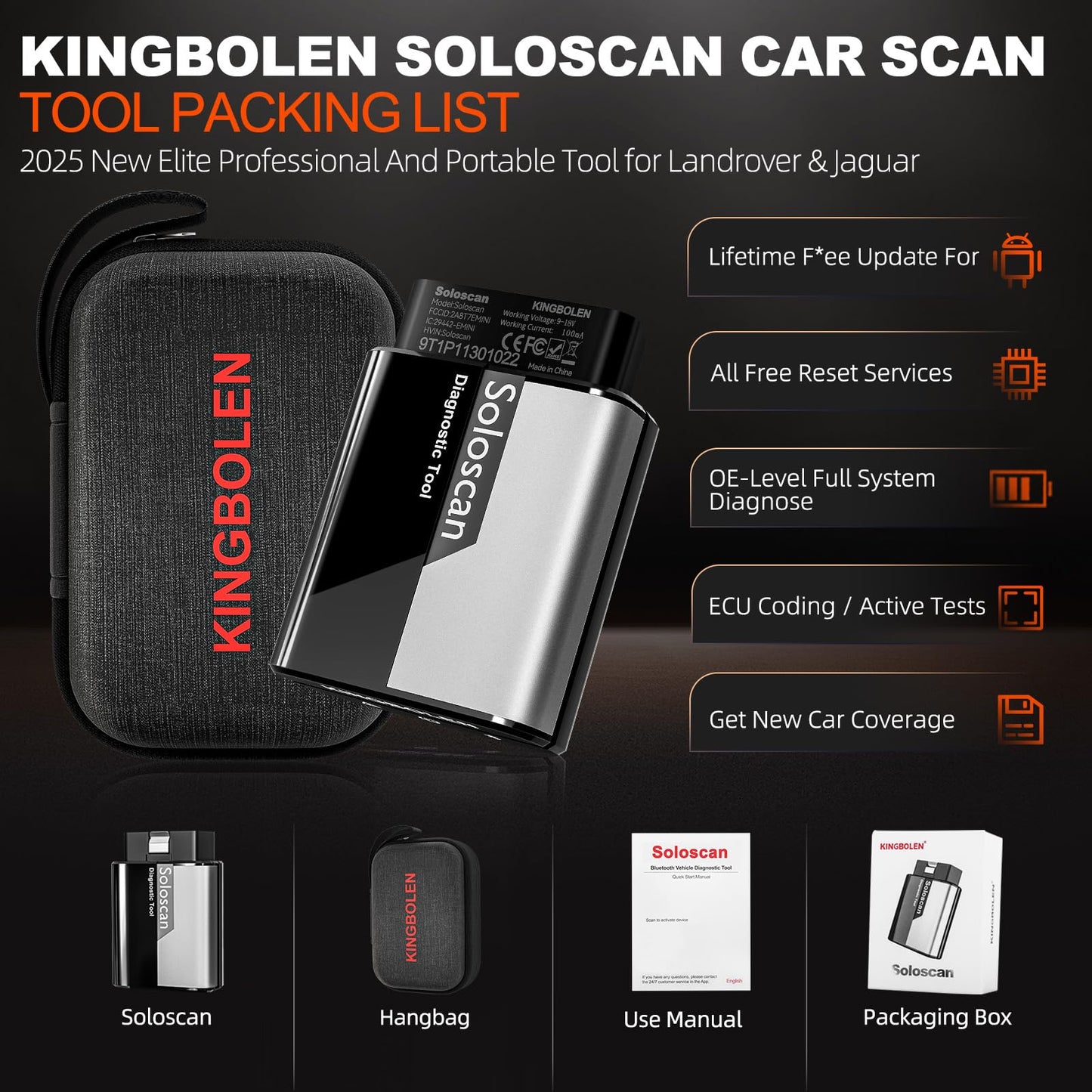 KINGBOLEN Soloscan OBD2 Diagnosegerät für Land Rover/für Jaguar, Alles System Kfz Diagnosegerät Mit 50+ Reset-Funktion,Bi-direktionale,Aktiver Test,ECU-Codierung, Lebenslanges kostenloses Update