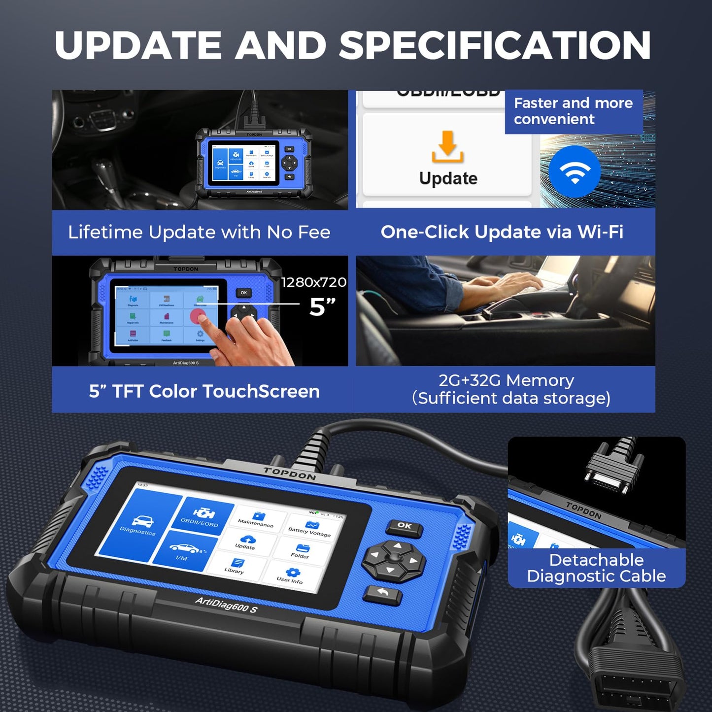 TOPDON AD600S OBD2 Diagnosegerät Auto,4 Systemdiagnosen für ABS SRS Motor und Getriebe, 9 Servicefunktionen für Öl/BMS/ABS/DPF/TPMS/SAS/Bremsen-Resets/Drosselklappenanpassung/Injektorcodierung