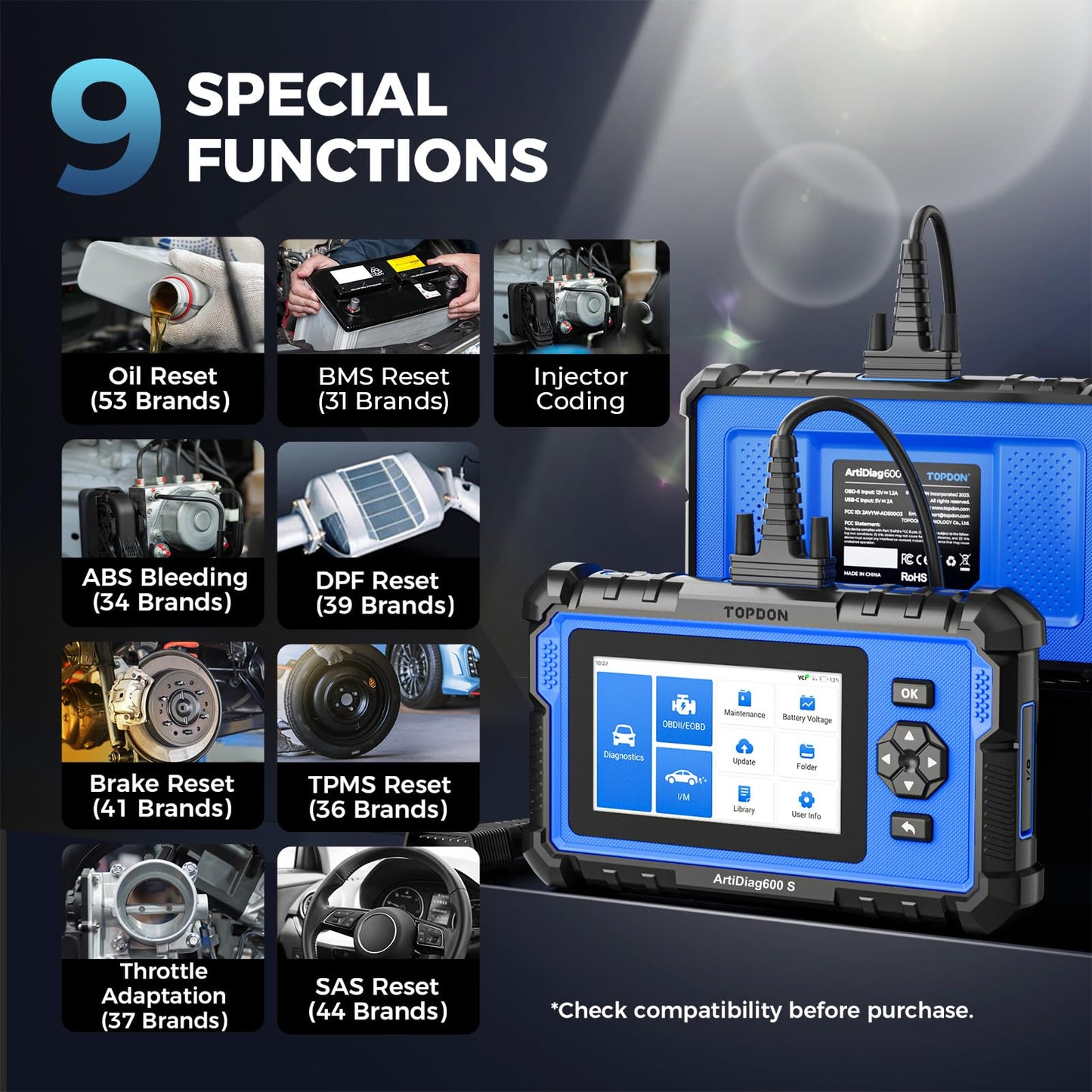 TOPDON AD600S OBD2 Diagnosegerät Auto,4 Systemdiagnosen für ABS SRS Motor und Getriebe, 9 Servicefunktionen für Öl/BMS/ABS/DPF/TPMS/SAS/Bremsen-Resets/Drosselklappenanpassung/Injektorcodierung